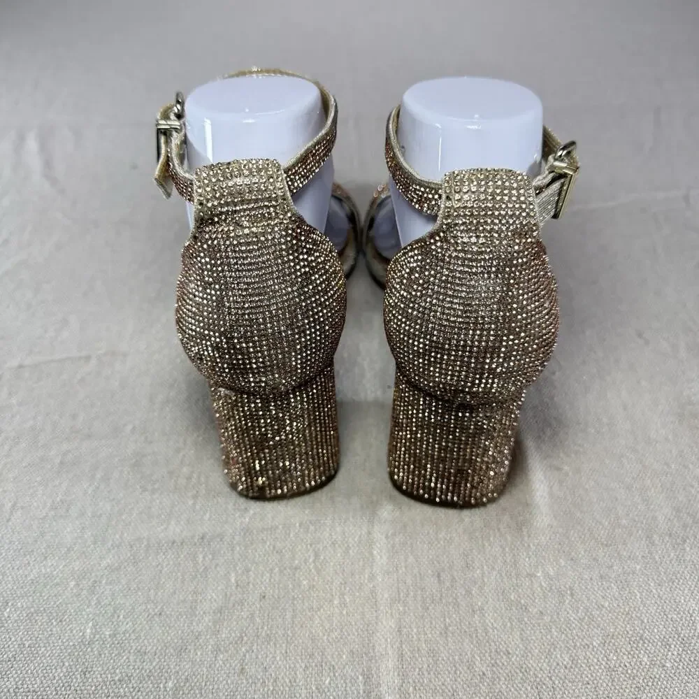 Gianni Bini Womens 8M Gold Rhinestone Block Heel Sandals Ankle Strap Sparkle
